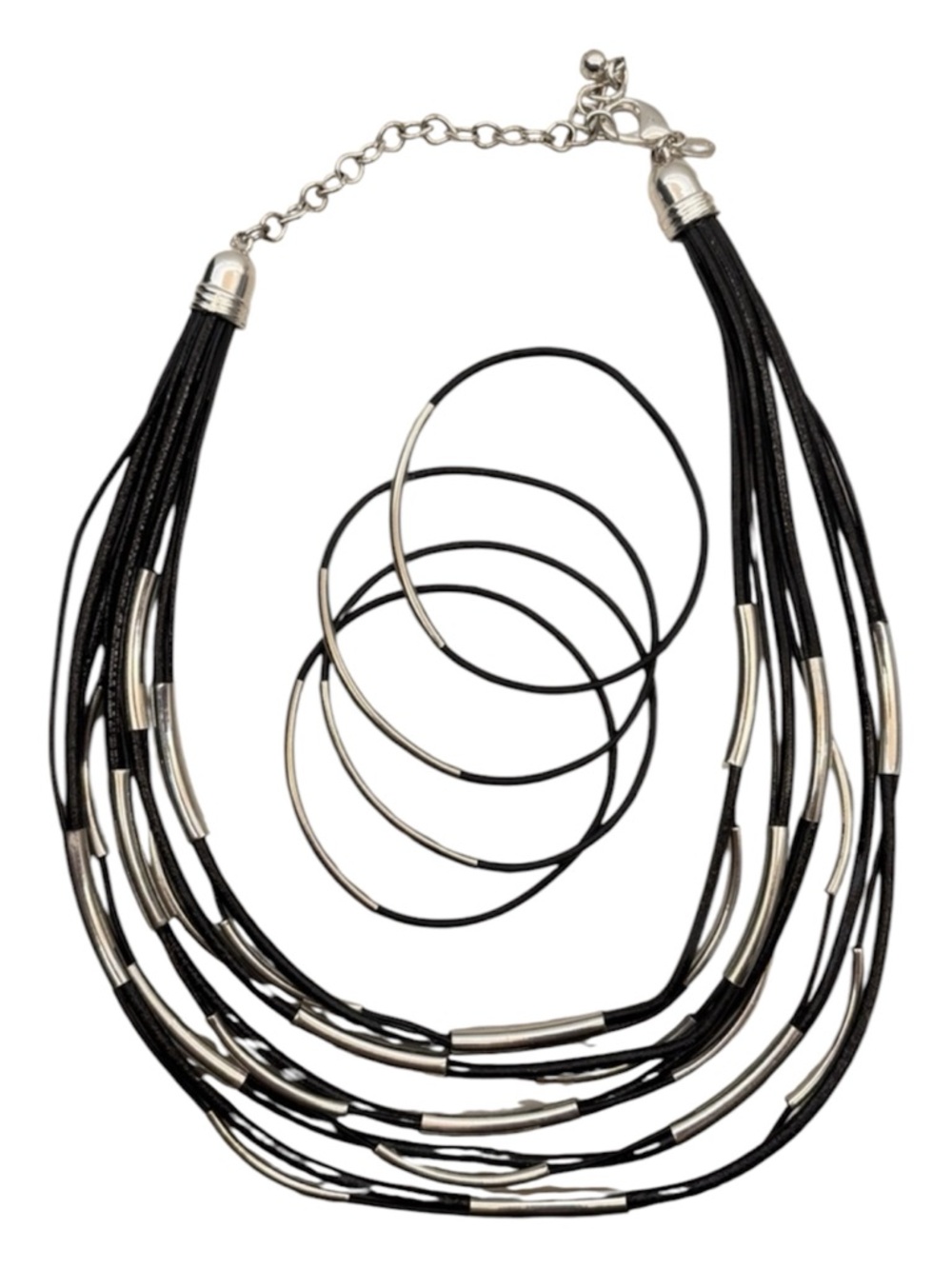 Vintage Chicos “Lennox Short” necklace w/ five bracelets black cord silver bars
